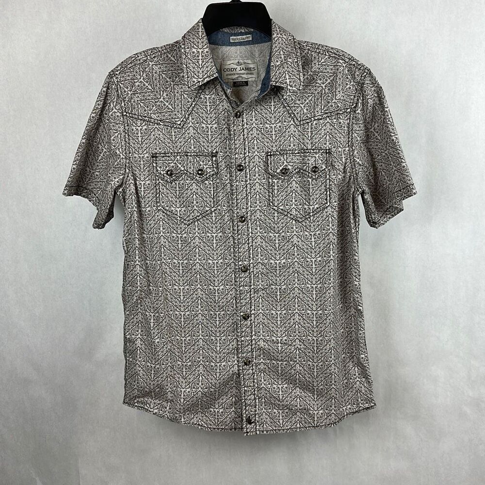 Cody James Snap Button Shirt Sz Small Regular Fit Cream Brown Pattern Short Slee